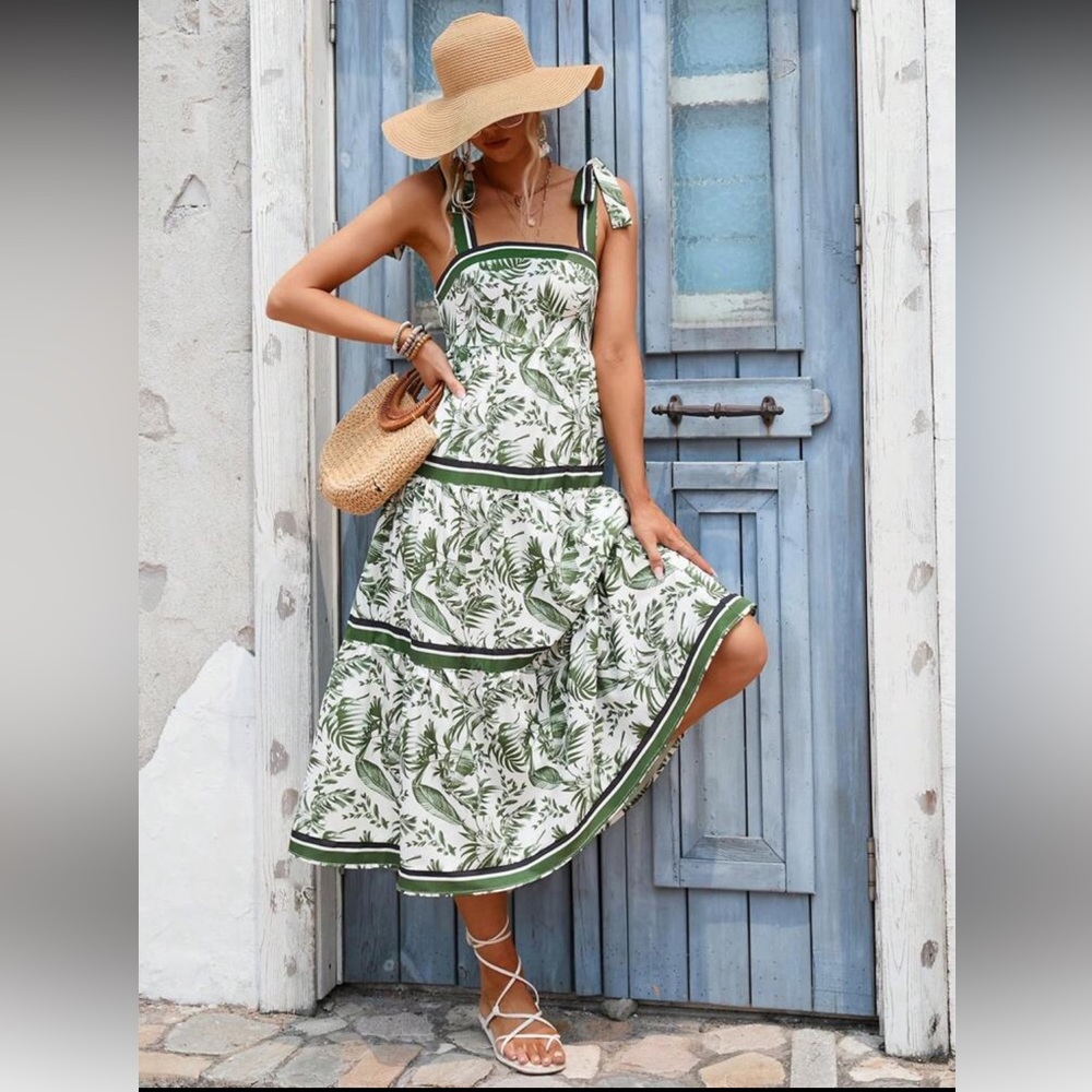 Green Leaf Print Summer Dress